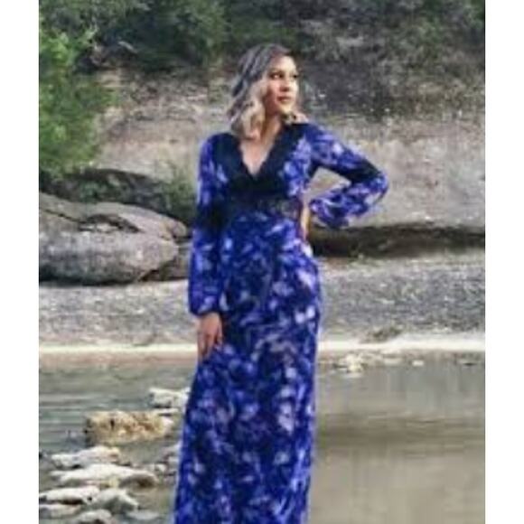 Badgley Mischka Bethany Gown Blue Black LS Whimsigoth Maxi 0 Witchy Victorian - Picture 10 of 10